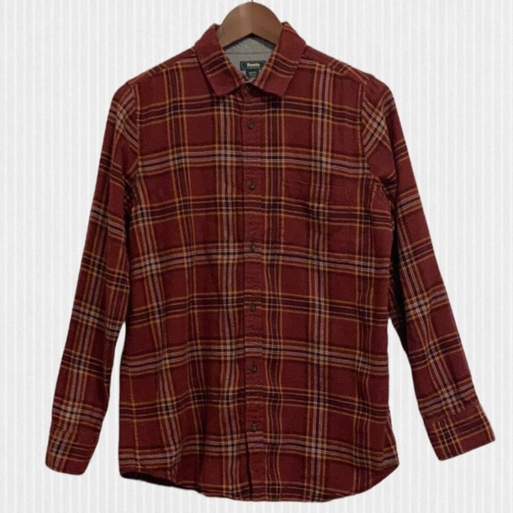 Roots Red Brown Plaid Cotton Flannel Flip Cuff Shirt